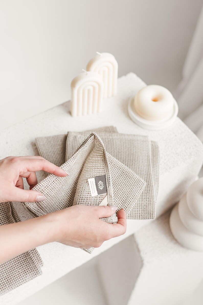 Waffle linen reusable face towel set. Open weave eco friendly, organic makeup remover cloths. Natural washcloth, quick absorbent, dry image 2