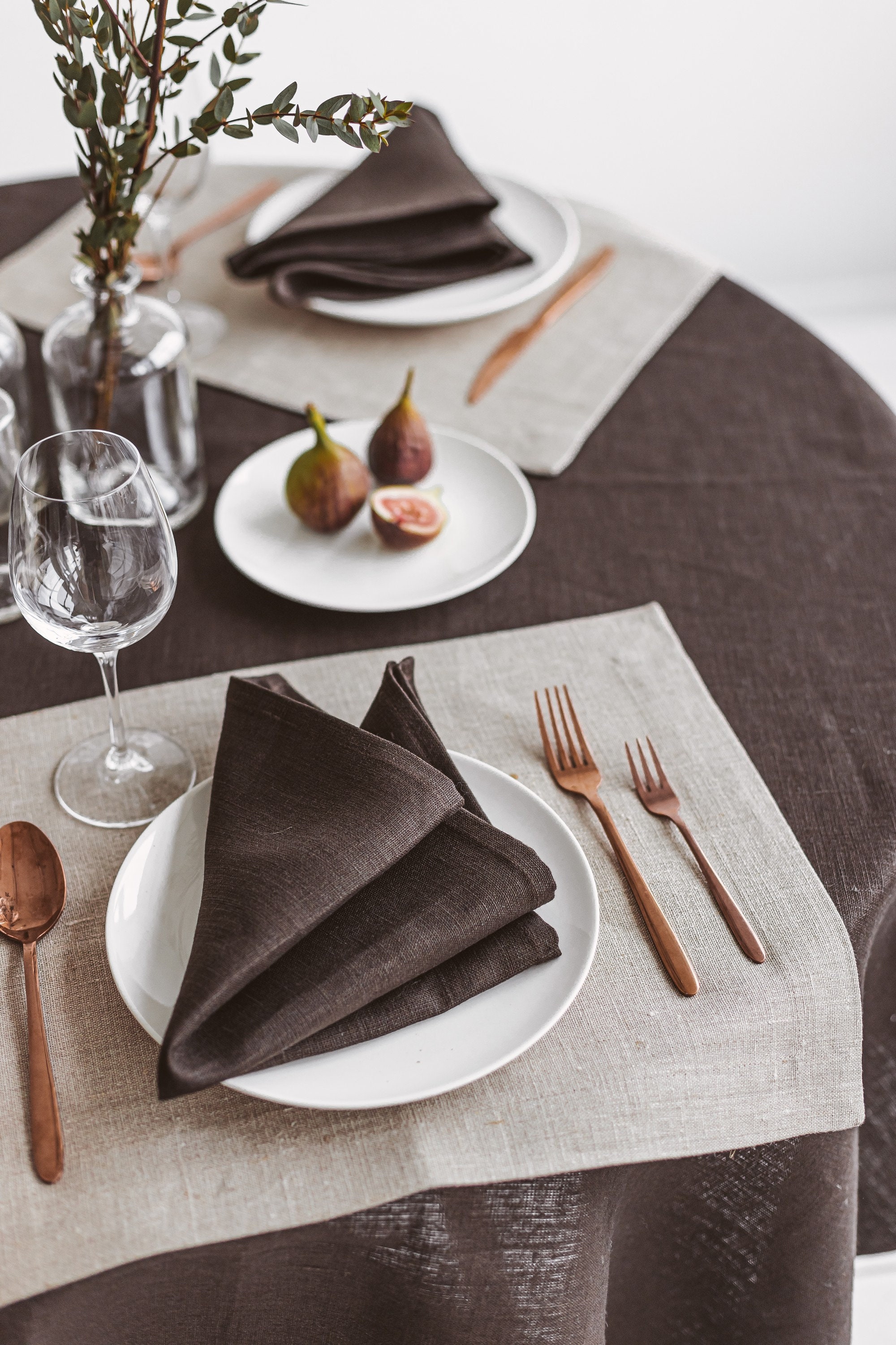 Dark Brown Linen Napkins for Christmas Dinner Table. Farmhouse