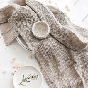 Set of natural linen waffle tea towels for kitchen. Organic open weave linen dish cloths for farmhouse. Soft hand towels as new home gift image 4