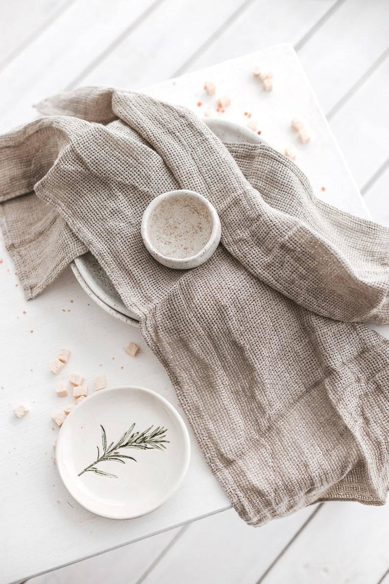 Set of natural linen waffle tea towels for kitchen. Organic open weave linen dish cloths for farmhouse. Soft hand towels as new home gift image 4