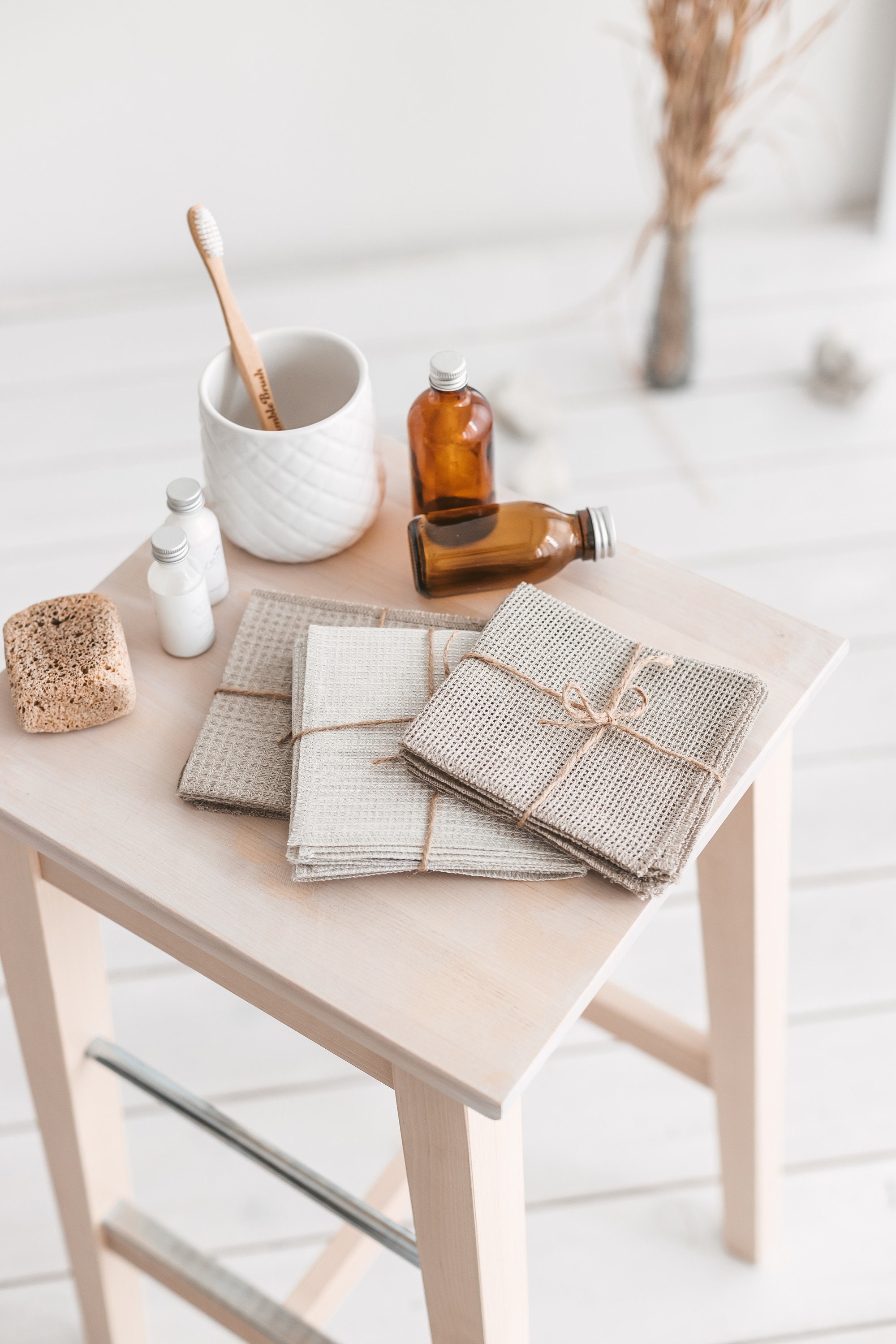 Serviettes de Visage en Draps Gaufres Réutilisables. Chiffons Lin Naturel Pour Le Démaquillage, Mass