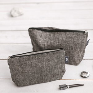 Black large travel makeup bag. Canvas cosmetic bag with zipper for men, women. Natural linen eco friendly zipper pouch. 3 sizes Set of 2