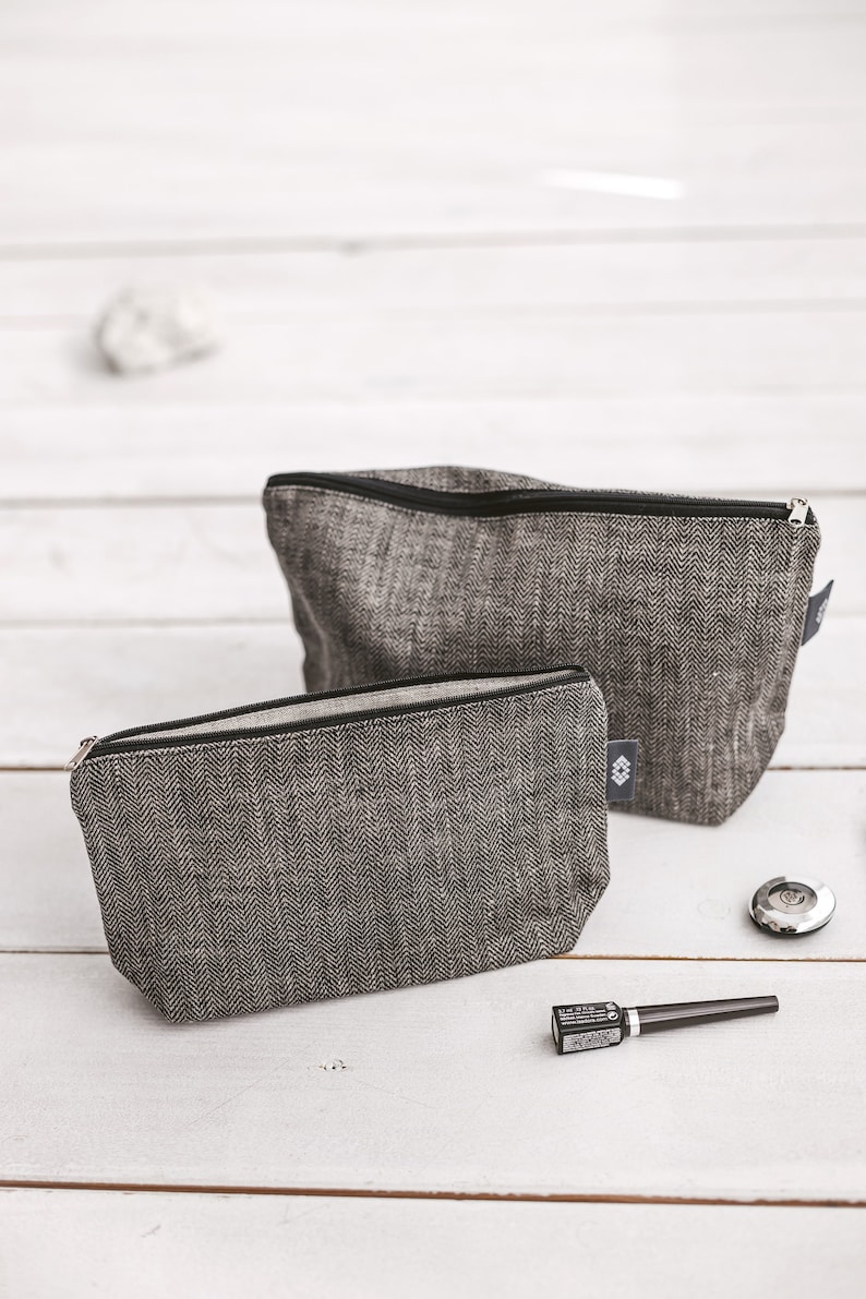 Black large travel makeup bag. Canvas cosmetic bag with zipper for men, women. Natural linen eco friendly zipper pouch. 3 sizes Set of 2