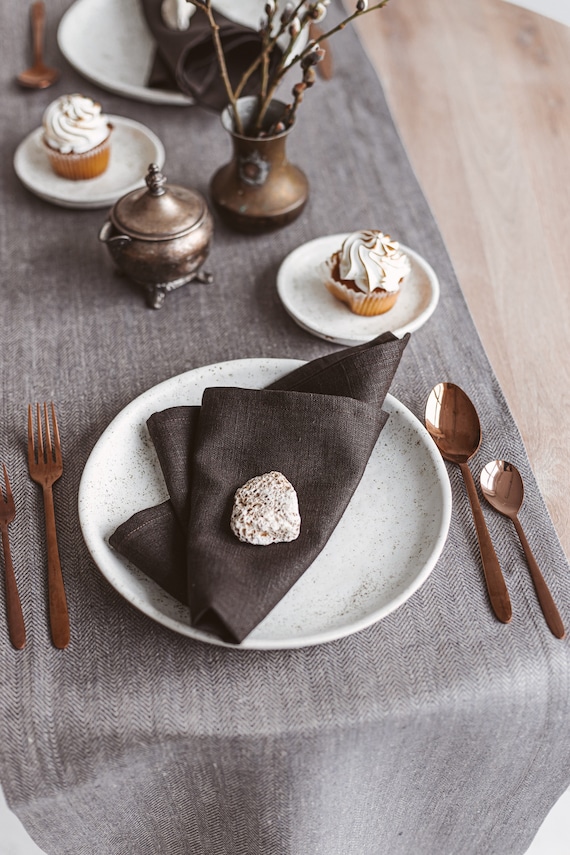 Dark Brown Linen Napkins for Christmas Dinner Table. Farmhouse