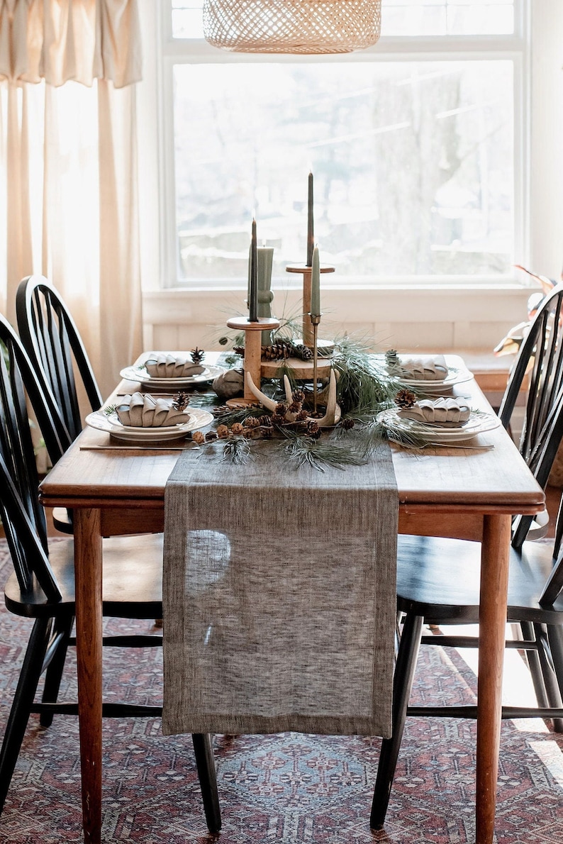 Modern black table runner for Christmas, Thanksgiving day. Natural linen long table runner for rustic or fall holiday, wedding, farmhouse image 1