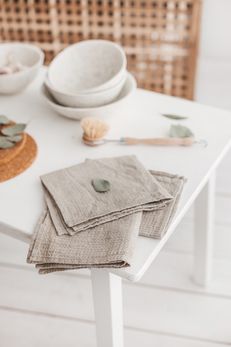 Natural linen waffle tea towel set for kitchen. Organic guest hand towels set for farmhouse. Dish cloths, washcloths quick dry, absorbent... Set of 3 Hand Towels