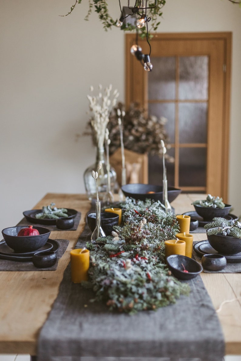 Grey linen Christmas table runner for rustic holiday. Natural linen table runner for farmhouse, wedding, new home gift. Various colors, size image 1