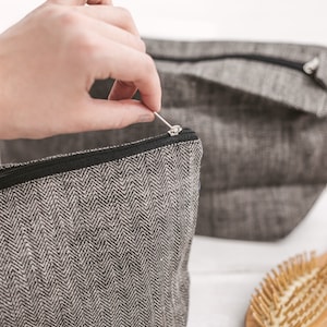 Black large travel makeup bag. Canvas cosmetic bag with zipper for men, women. Natural linen eco friendly zipper pouch. 3 sizes image 6