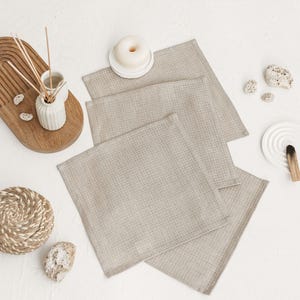 Reusable waffle linen face exfoliating towel set. Natural, organic linen face cloths for makeup remove, face massage, peeling, cleaning