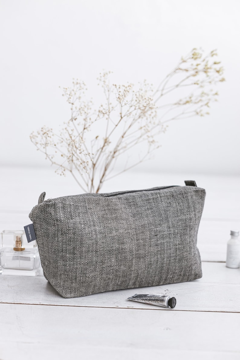 Black large travel makeup bag. Canvas cosmetic bag with zipper for men, women. Natural linen eco friendly zipper pouch. 3 sizes Extra Large