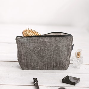 Black large travel makeup bag. Canvas cosmetic bag with zipper for men, women. Natural linen eco friendly zipper pouch. 3 sizes Large with 2 Pockets