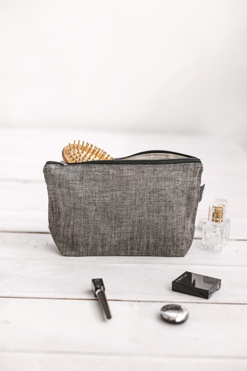 Black large travel makeup bag. Canvas cosmetic bag with zipper for men, women. Natural linen eco friendly zipper pouch. 3 sizes Large with 2 Pockets