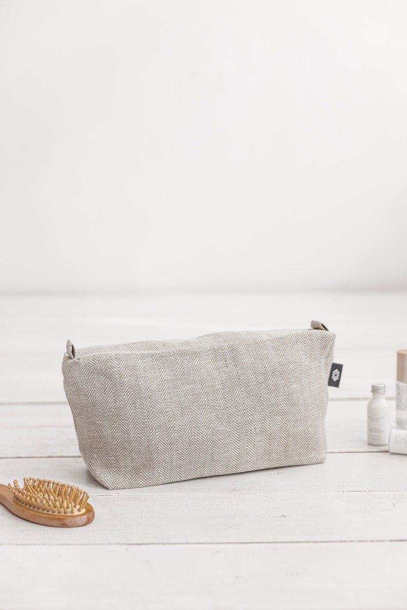 White Linen Large Makeup Bag for Travel, Gym. Large Toiletry Bag with Zipper for Women and Men Cosmetics. 3 Colors, Washable Bag image 2