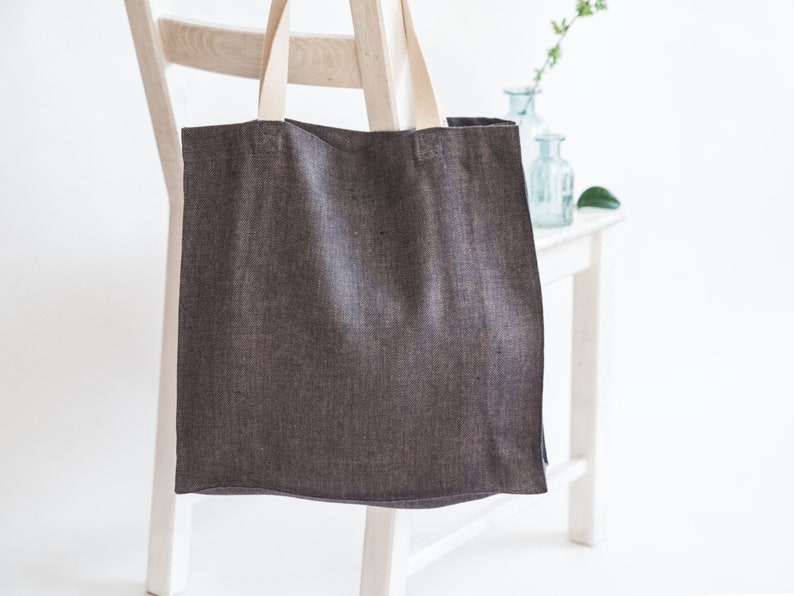 Large Linen Tote Bag With Zipper. Denim Brown Reusable Market Etsy