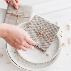 Set of natural linen waffle tea towels for kitchen. Organic open weave linen dish cloths for farmhouse. Soft hand towels as new home gift Set of 4 Cloths