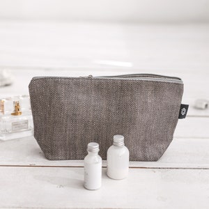 Large white linen makeup bag. Eco friendly cosmetic bag with zipper for toiletries. Organic travel pouch for women, men. 2 pockets, 3 colors image 7