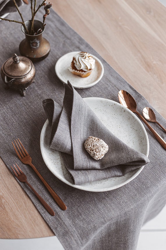 Dark Brown Linen Napkins for Christmas Dinner Table. Farmhouse