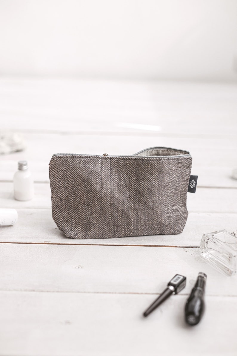 Black makeup bag for travel cosmetic. Toiletry bag for gym men, women. Eco friendly natural linen toiletry bag for wedding, groom. 3 colors Grey