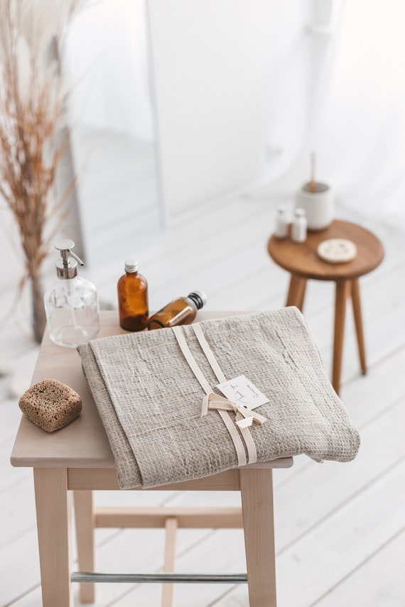 Large Linen Waffle Bath Towel. Organic Natural Towels for Bathroom