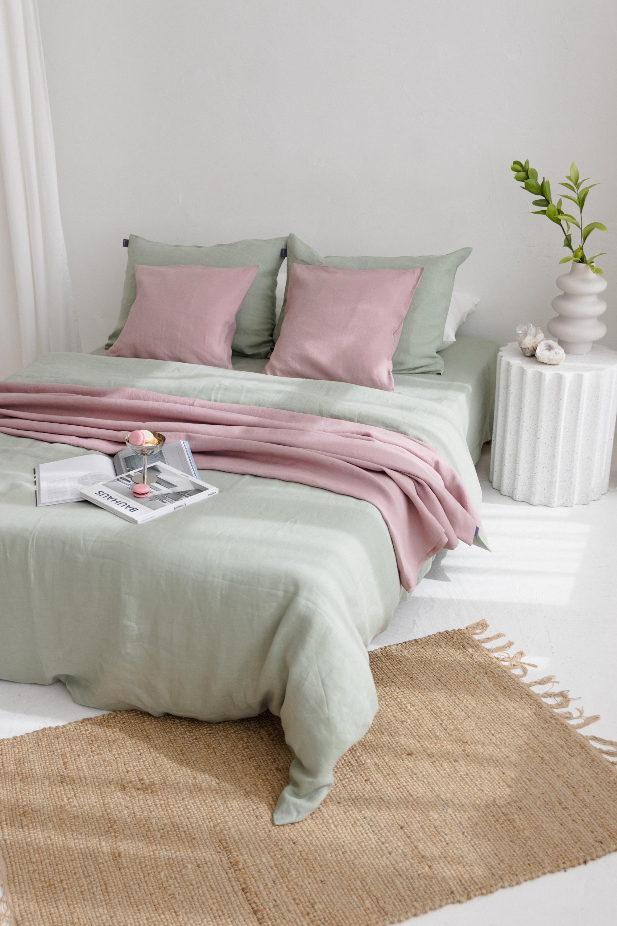 Pink Linen Simple Pink Natural Linen Sheet Set 4P (fitted, Flat, 2 Pillowcases), 3P ...