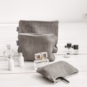 White makeup bag set of 3 for travel. Natural linen zipper pouch for women, men. Cosmetic bag set for wedding, bridesmaid gift. 3 colors Grey