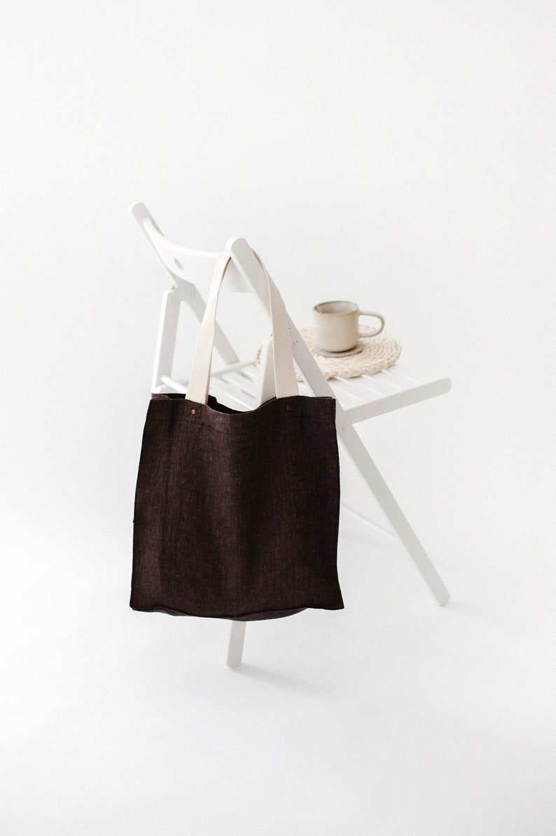 Denim canvas tote bag with zipper: school, market, grocery, beach tote bag. Large linen tote bag for women, men. Traveler gift image 2