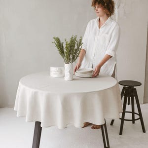 Round linen tablecloth for wedding, farmhouse, holiday. Oval light grey natural custom size table cloth for rustic farmhouse, new home