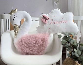 Custom baby girl pillows set - decorative swan pillow, cloud pillow, personalized baby blanket, Personalized baby gift. Nursery decor