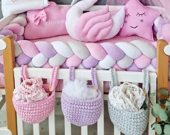 Hanging storage basket, knitted storage basket, nursery crib basket, organizer, new mom pregnancy gift, girl boy room decor toy pocket