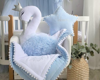 Personalized nursery pillows set - decorative baby pillow swan, Custom pillow star, Personalized baby gift. Boy nursery decor