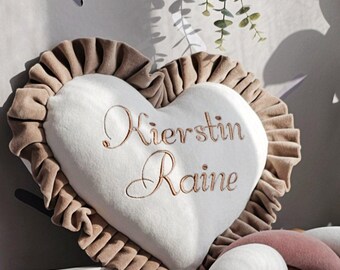 Personalized Heart Pillow with Name Embroidery, Handmade Nursery Cushion, Custom Baby Gift, Kids Room Decor, Baby Shower Present 14x14 in