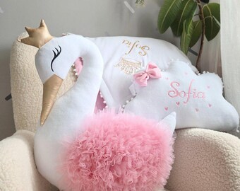 Custom baby pillows set - decorative swan pillow, cloud pillow, personalized baby blanket, Personalized baby gift. Pink Nursery decor