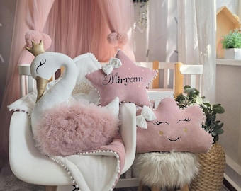 Personalized baby pillows set - decorative swan pillow, cloud pillow, personalized baby blanket, Personalized baby gift. Girl Nursery decor