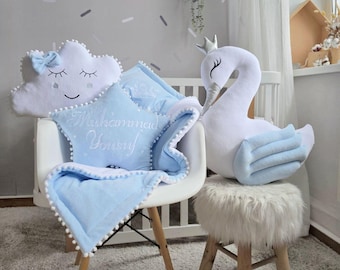 Personalized nursery pillows - swan pillow, cloud pillow, Personalized baby blanket with embroidered name, Baby shower gift