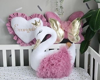 Personalized baby pillows - princess pillow swan, name pillow heart, optional crib baby blanket with embroidered name. Nursery decor