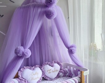 Crib canopy, Baby Bed curtains with wall holder (NO pillows and other accessories). Lavender nursery decor