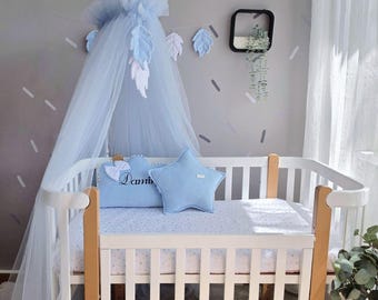 Boy Crib Canopy (no pillows, no bumpers), bed canopy curtains, Blue nursery decor, baby boy room decor