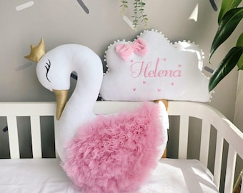 Baby pillow swan, Personalized pillow cloud, optional crib baby blanket. Personalized baby gift. Nursery decor