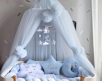 Crib canopy, Baby Bed curtains with wall holder (NO pillows and other accessories). Blue nursery decor