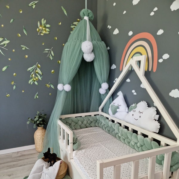 Auvent de lit vert, Baldaquin de plafond suspendu jeu princesse filles rideaux à baldaquin princesse tente, cadeau de douche de bébé décor de chambre de bébé
