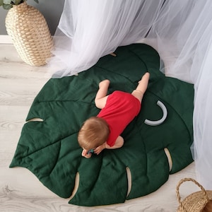 Monstera Spielmatte Smaragd – Blatt-Leinen-Flickenteppich, Bauchzeitmatte, Babyparty-Geschenk, Kinder-Bodenmatte, Kinder-Aktivitätsmatte, Junge, Mädchen, grün