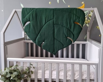 Monstera play mat smeraldo - foglia lino tappeto straccio, pancia tempo mat Baby shower regalo bambini neonato tappetino per bambini attività per bambini ragazza verde