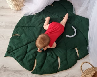 Tapis de jeu Monstera émeraude - tapis de chiffon en lin feuille, tapis de temps sur le ventre Cadeau de baby shower enfants tapis de sol pour enfants tapis d'activité pour enfants garçon fille vert