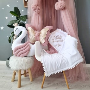 Personalized set pillow gift - princess pillow swan, pillow butterfly blush rose, optional crib baby blanket with name, personalized gift