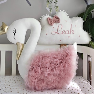Custom baby pillows set - decorative pillow swan, pillow cloud, crib baby blanket with baby name, Personalized baby gift. Nursery decor