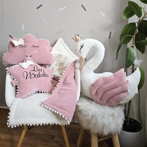 Personalized pillow set gift - princess pillow swan, pillow cloud blush, optional crib baby blanket with embroidered name, other pillows