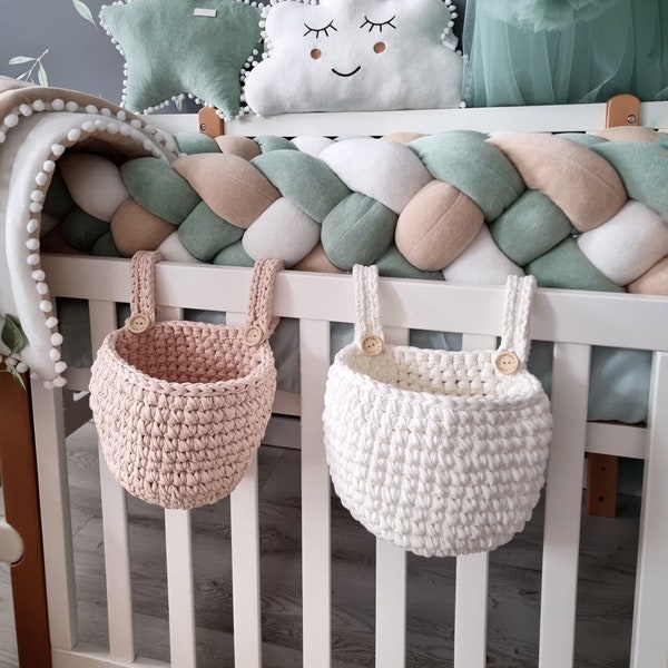 Hanging storage basket, knitted crib basket, nursery storage basket, newborn organizer, new mom gift baskets for baby bed nursery decor