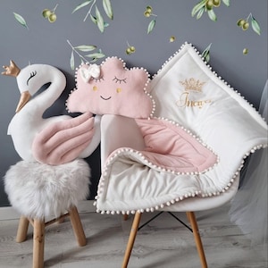 Juego de almohadas personalizado para regalo: almohada de princesa cisne, almohada nube ruborizada, manta de cuna para bebé opcional con nombre bordado, regalo personalizado