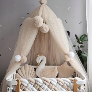 Beige Bed Canopy ONLY (no pillows included), Girl Nursery Canopy Tulle, Crib Decor, Kids Play Tent, Baby Shower Gift, Wall Ceiling Mount