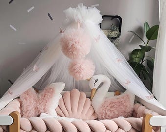 Betthimmel für Mädchen, Babybetthimmel mit Schmetterlingsmotiv (OHNE KISSEN)